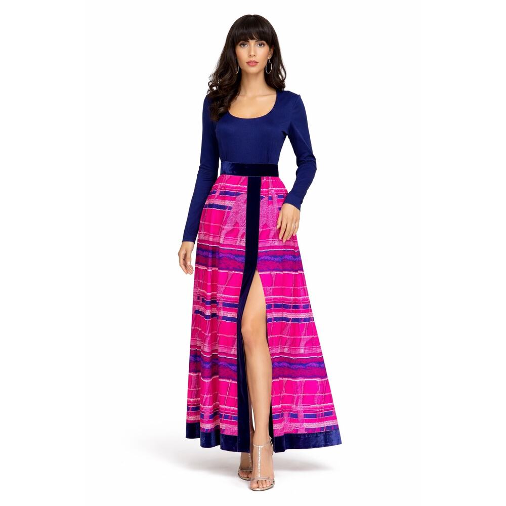 1970s OOAK Navy Pink Velvet Trim Maxi Dress High Slit Size XXS